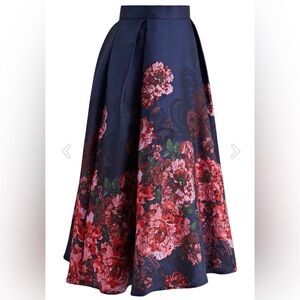 ChicWish PEONY JACQUARD FLARE SKIRT IN NAVY Women's Skirt L